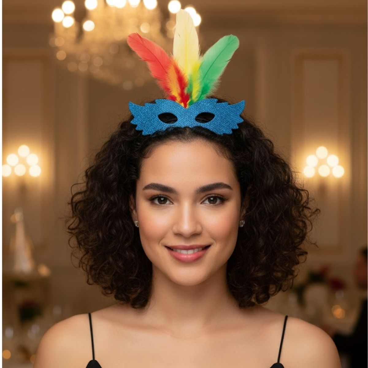 Tiara de Carnaval com Penas Coloridas e Máscara com Glitter