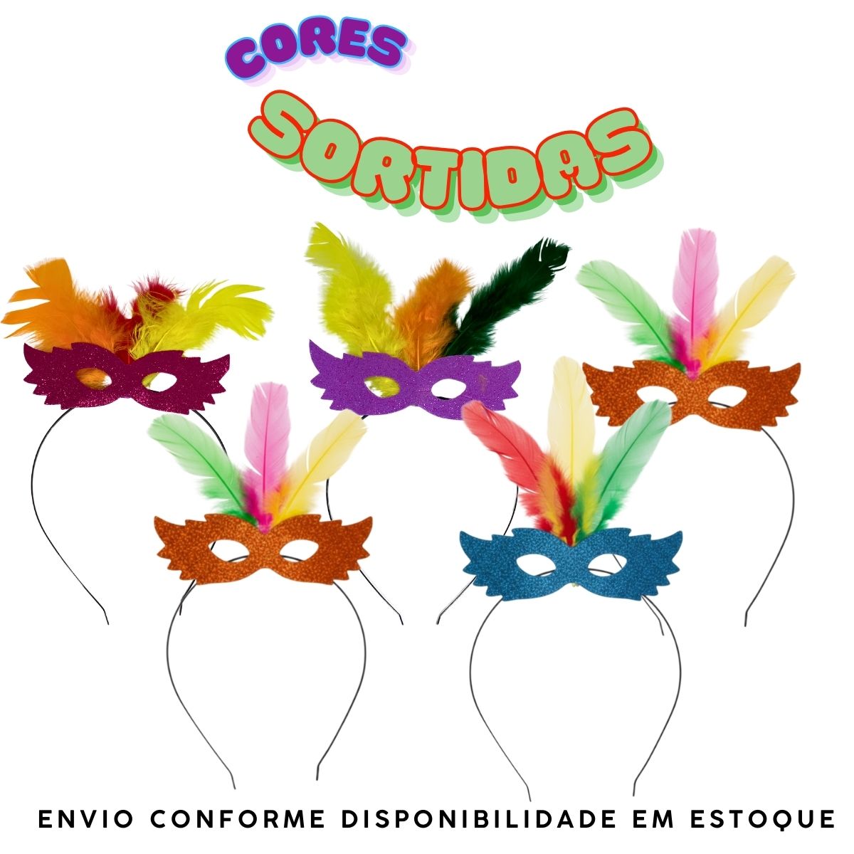 Tiara de Carnaval com Penas Coloridas e Máscara com Glitter - Pcte c/ 12 unid