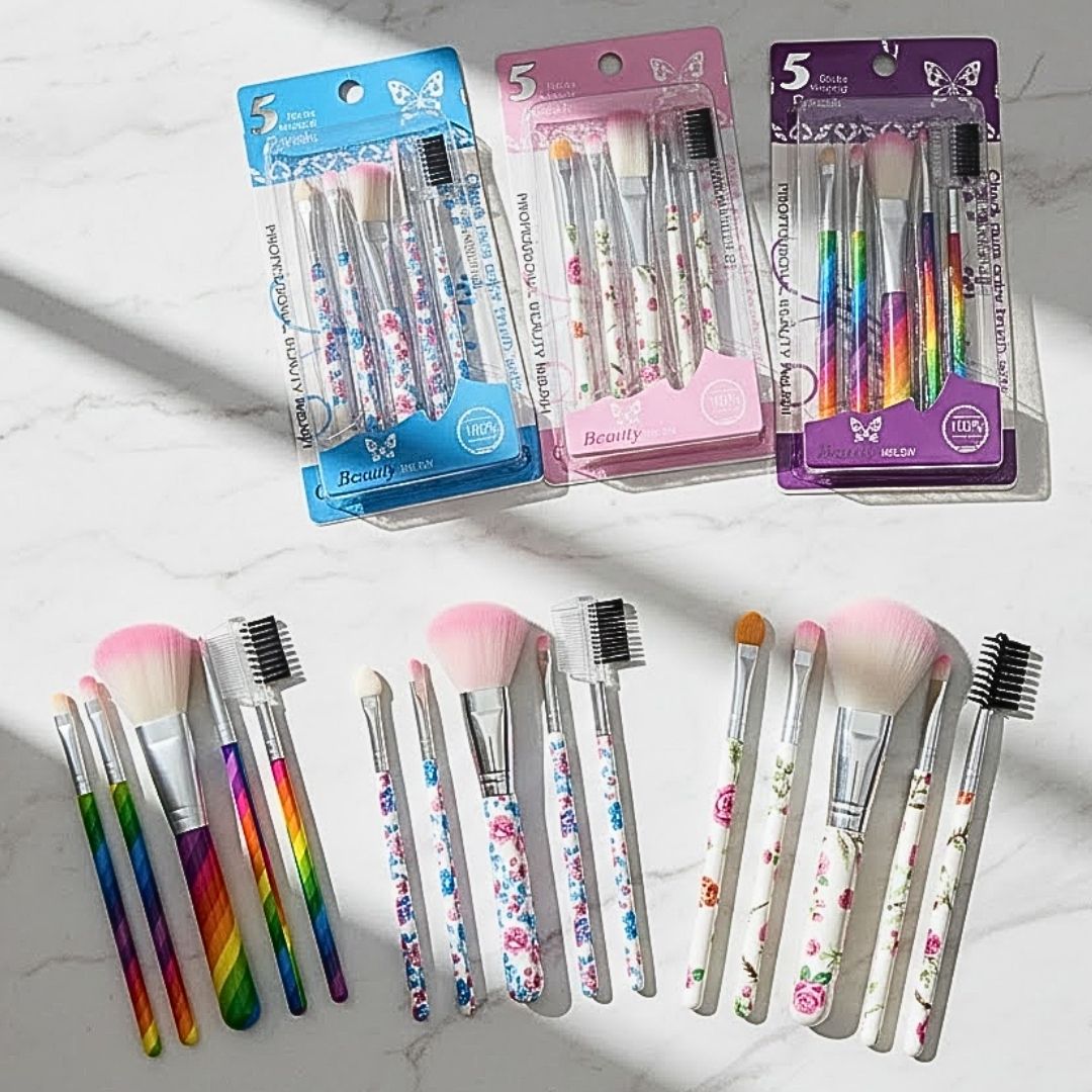 Kit com 05 Pincéis para Maquiagem Estampado Beauty Brush - Pcte c/ 12 unid