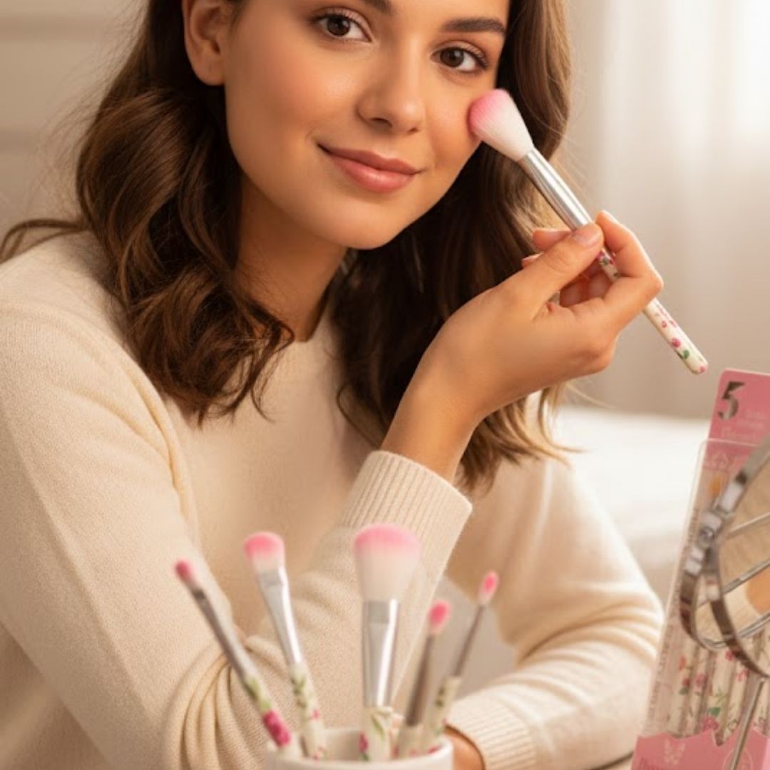 Kit com 05 Pincéis para Maquiagem Estampado Beauty Brush - Pcte c/ 12 unid