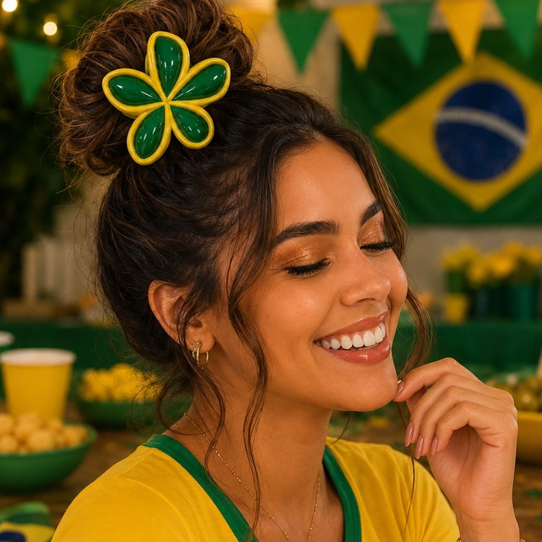 Presilha Para Cabelo Grande Verde e Amarelo Copa - Pcte 12 unid