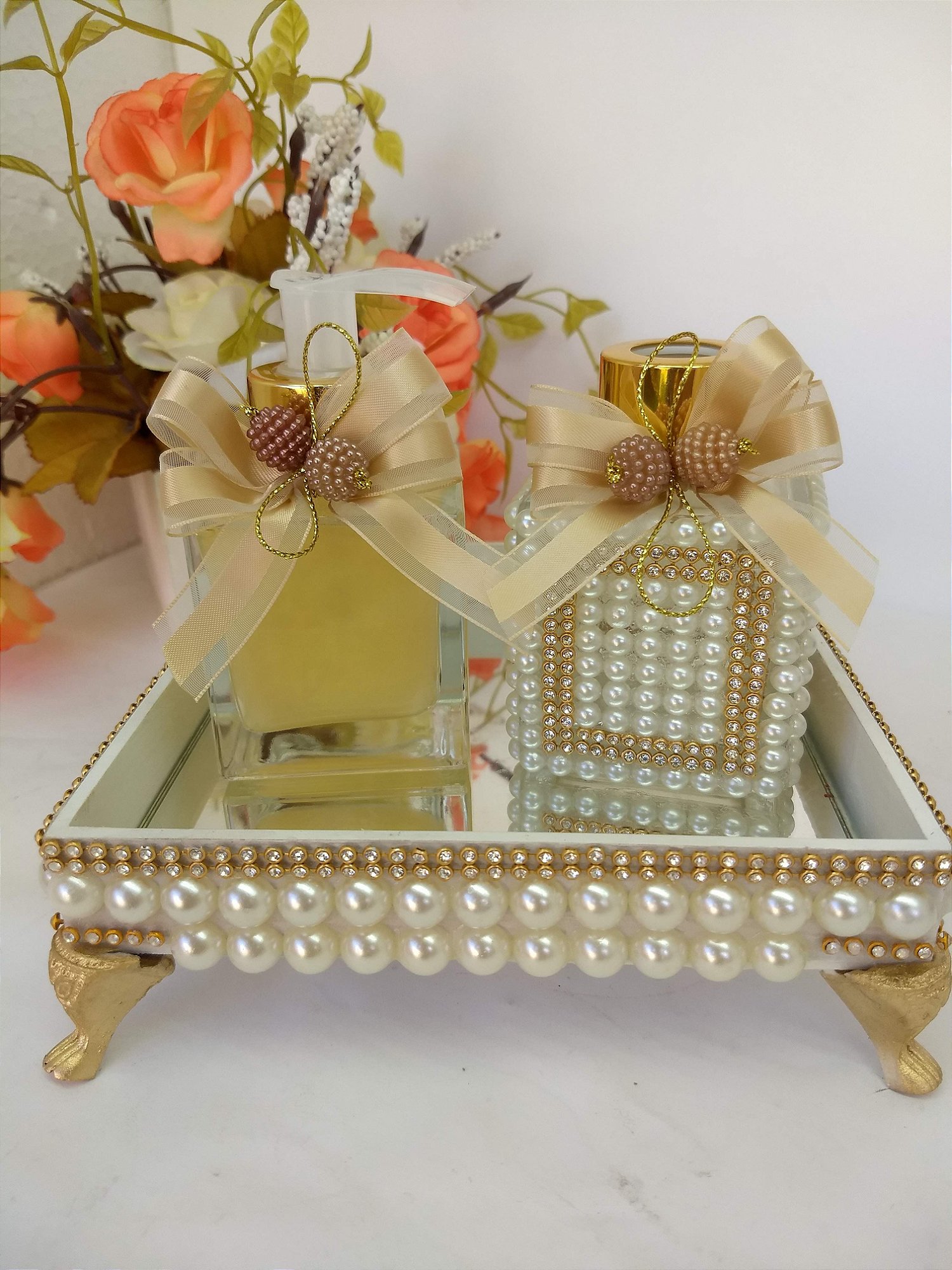 Kit Lavabo Luxo Pérolas com Difusor, Sabonete Líquido e Bandeja
