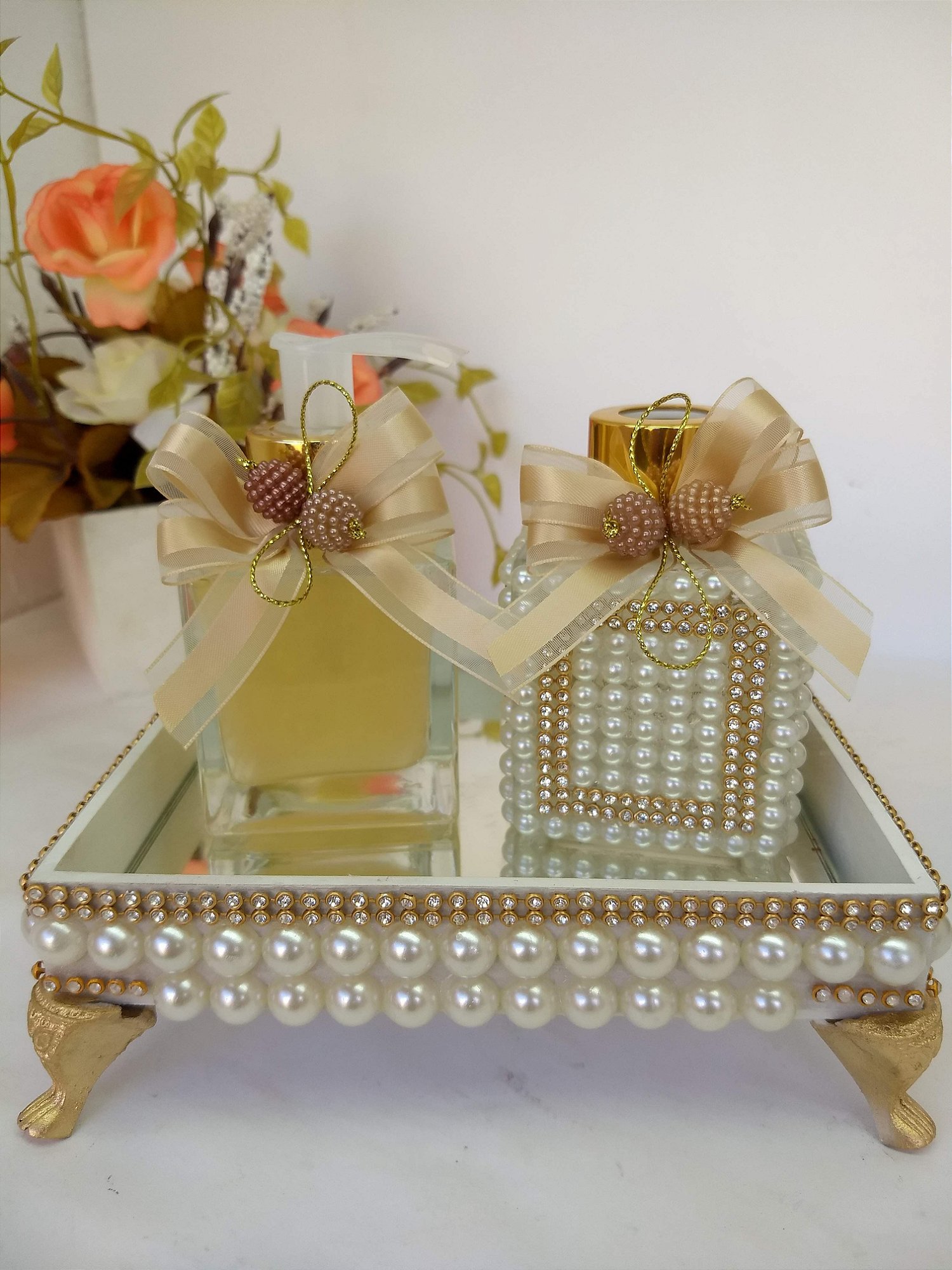 Kit Lavabo Luxo Pérolas com Difusor, Sabonete Líquido e Bandeja