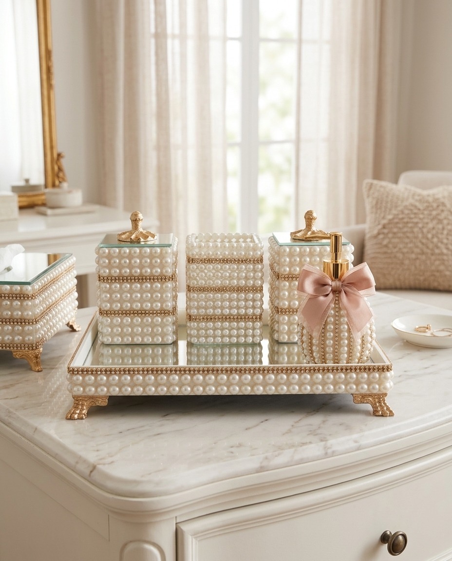 Kit Decorativo Luxo de Pérolas e Dourado com Bandeja, Difusor e Caixa