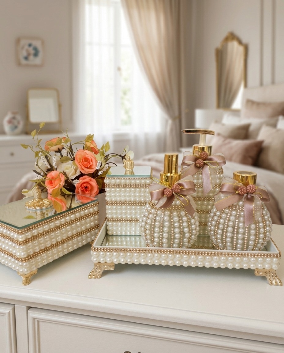 Kit Decorativo Luxo de Pérolas e Dourado com Bandeja, Difusor e Caixa