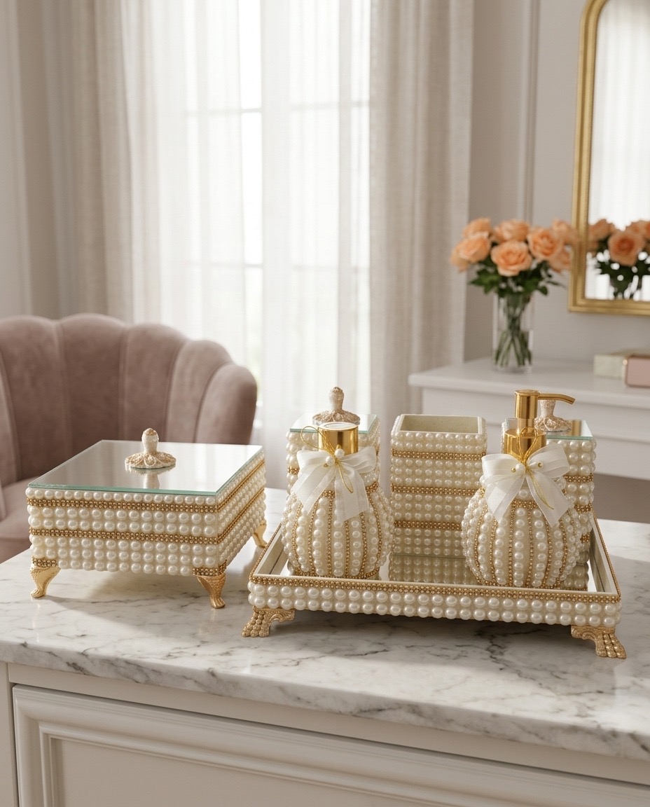 Kit Decorativo Luxo de Pérolas e Dourado com Bandeja, Difusor e Caixa
