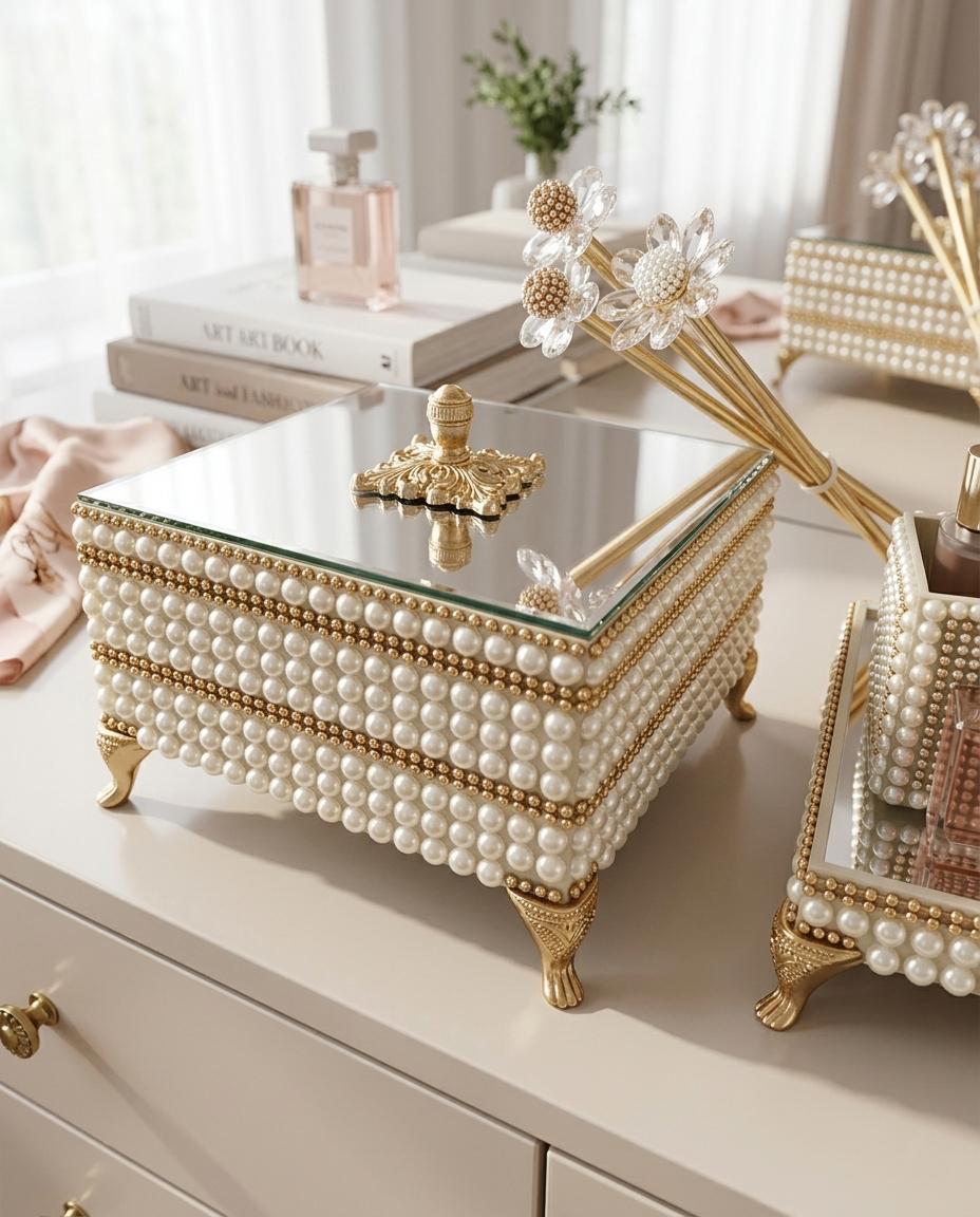 Kit Decorativo Luxo de Pérolas e Dourado com Bandeja, Difusor e Caixa