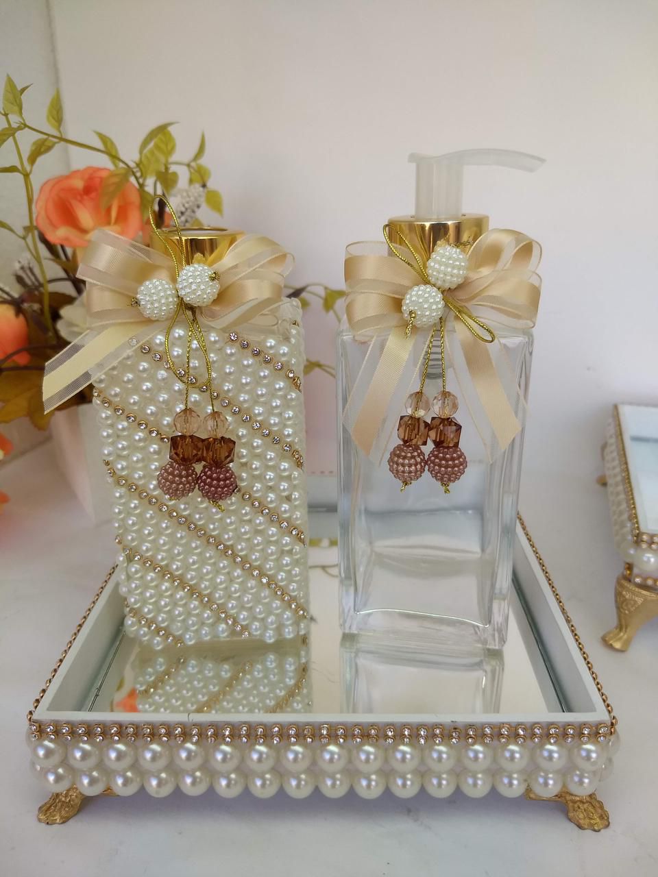 Kit Lavabo Decorado de Pérolas com Difusor e Sabonete Líquido 250ml