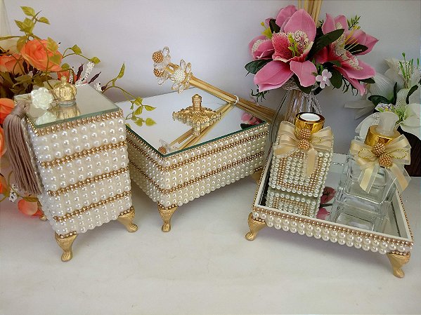 Conjunto para Banheiro de Pérolas com Difusor, Caixa Lavabo e Bandejas