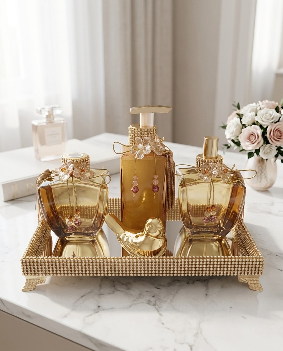 Kit Decorativo Banheiro Dourado com Bandeja, Saboneteira, Home Spray e Caixa