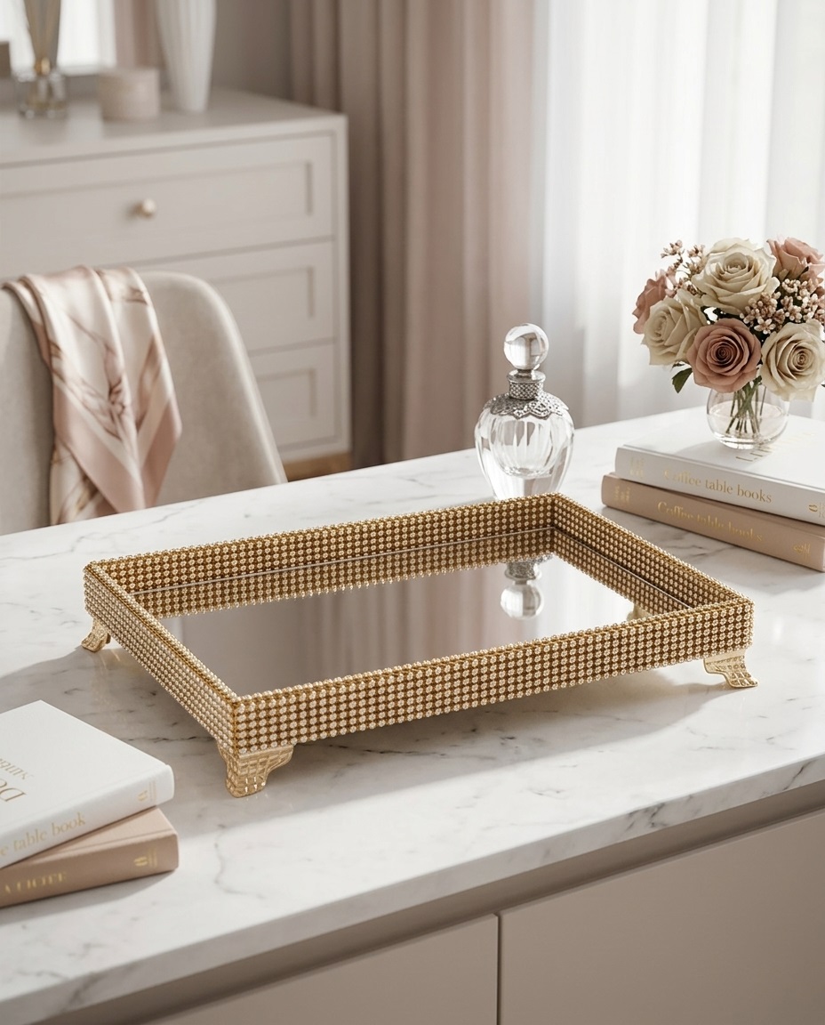 Kit Decorativo Banheiro Dourado com Bandeja, Saboneteira, Home Spray e Caixa