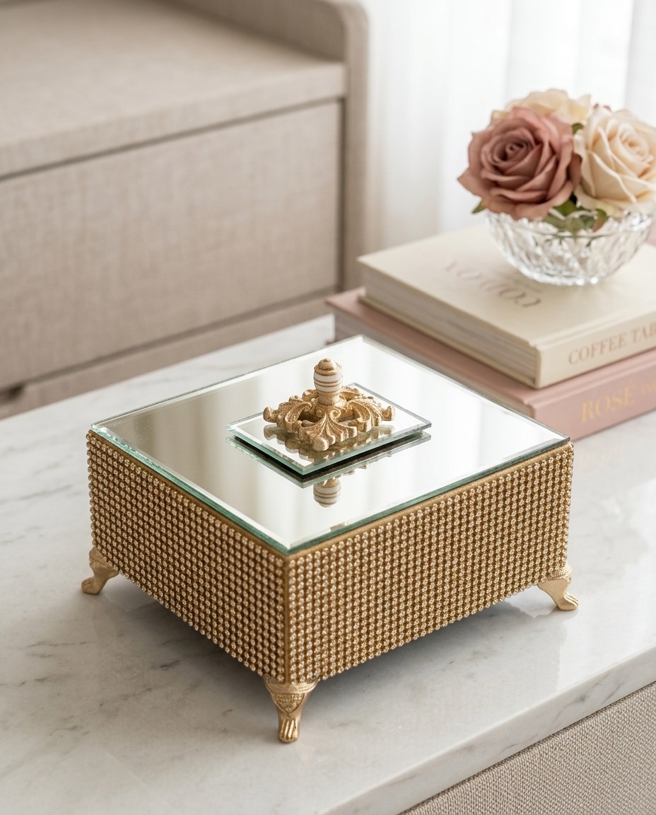 Kit Decorativo Banheiro Dourado com Bandeja, Saboneteira, Home Spray e Caixa