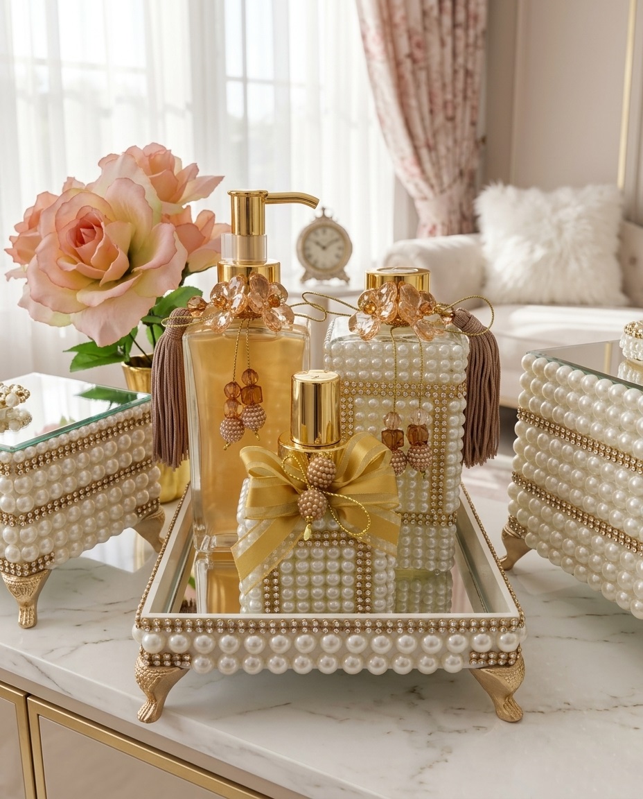Conjunto Decorativo de Lavabo Luxo Pérolas e Dourado