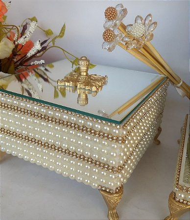 Caixa Organizadora Luxo em MDF 15x15cm com Pérolas e Tampa Espelhada