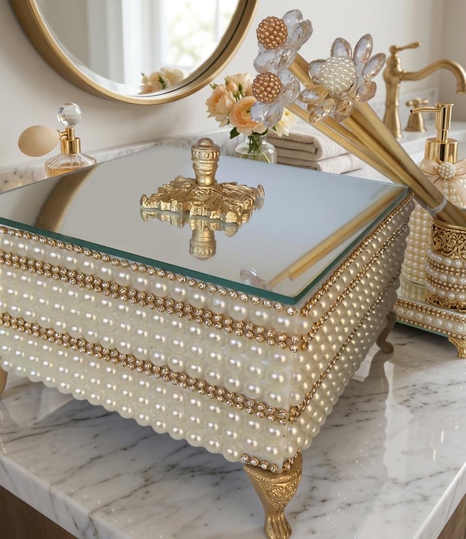 Caixa Organizadora Luxo em MDF 15x15cm com Pérolas e Tampa Espelhada
