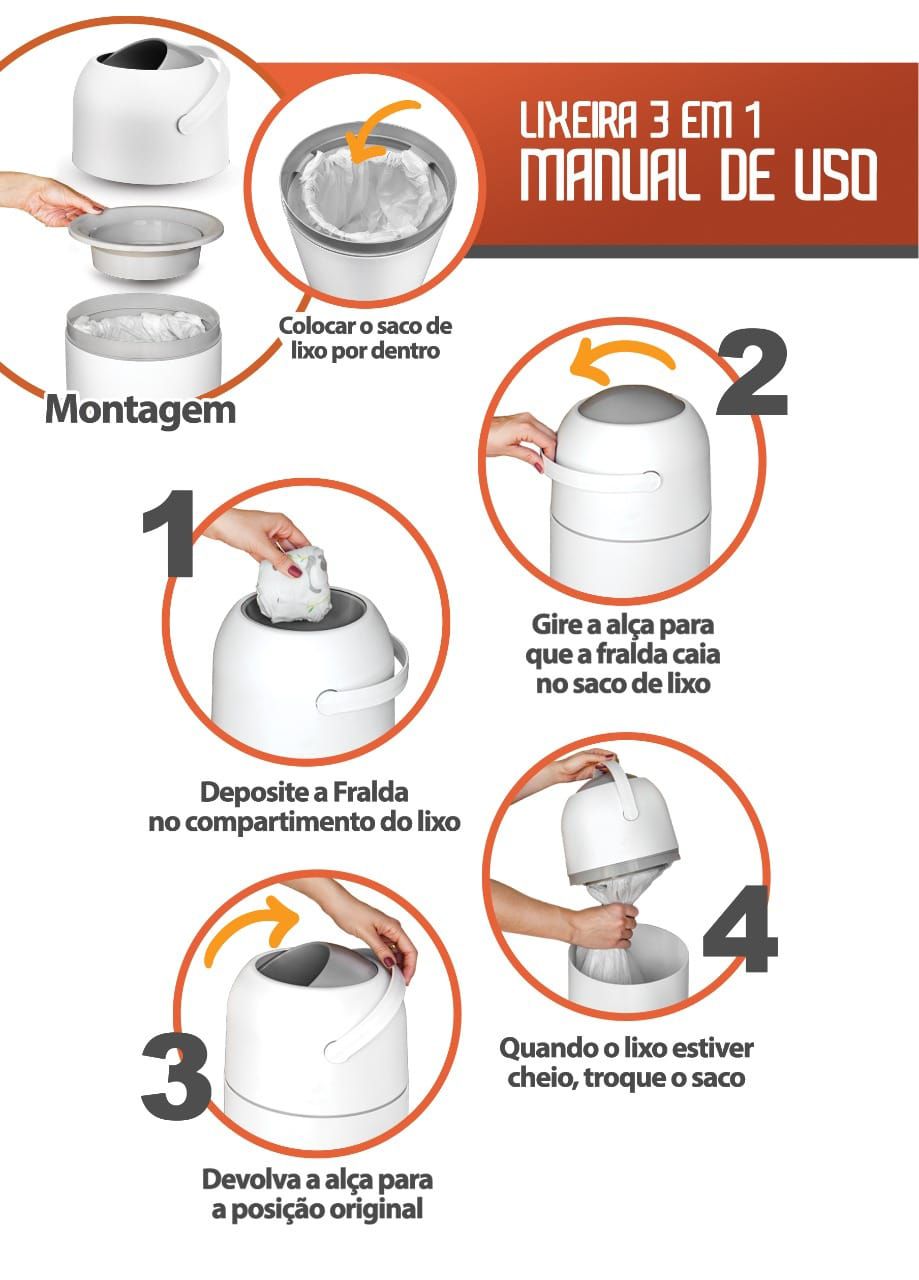 Lixeira Mágica Anti Odor e Bactérias 3 em 1 para Fraldas Preta