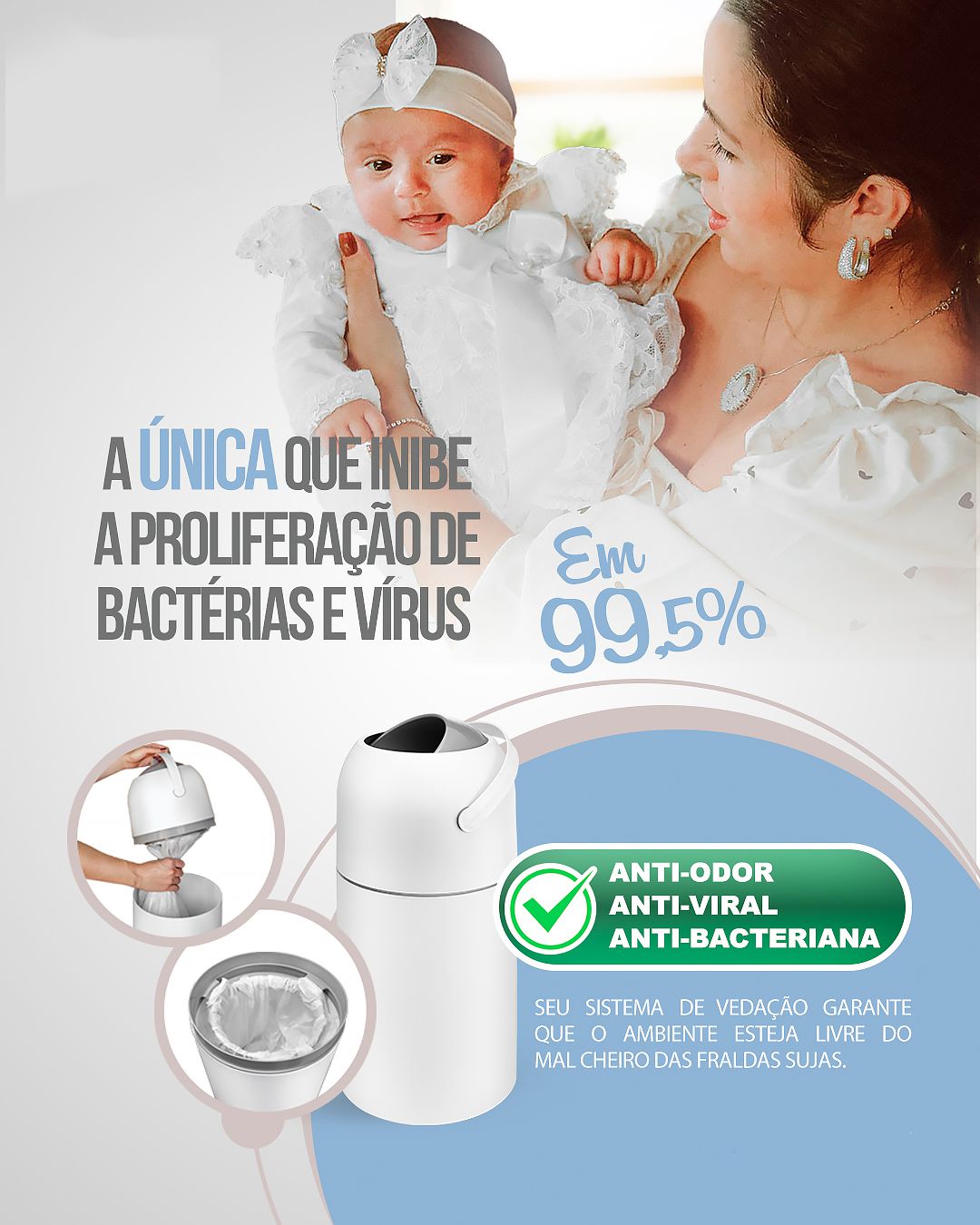 Lixeira Mágica Anti Odor e Bactérias 3 em 1 para Fraldas Preta