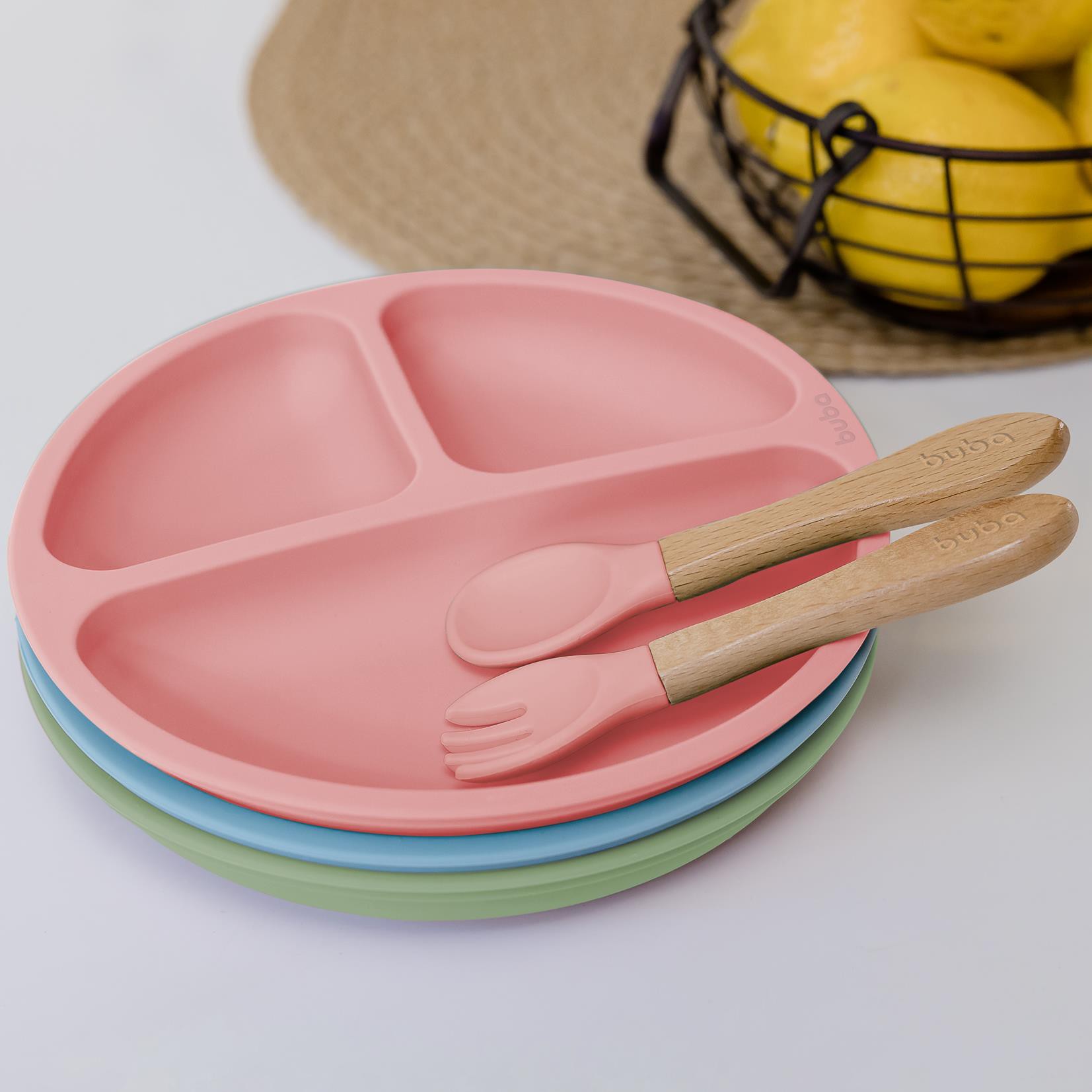 Kit Talheres Infantil de Bambu e Silicone Rosa - Buba