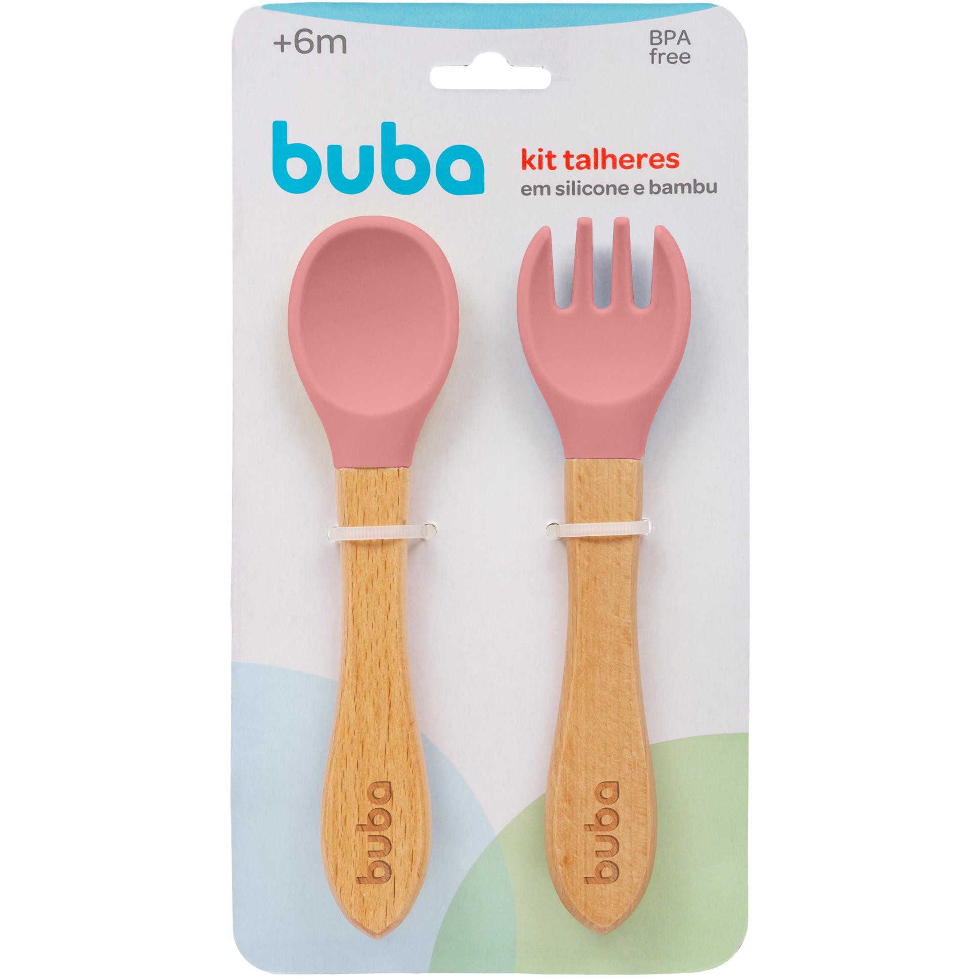 Kit Talheres Infantil de Bambu e Silicone Rosa - Buba