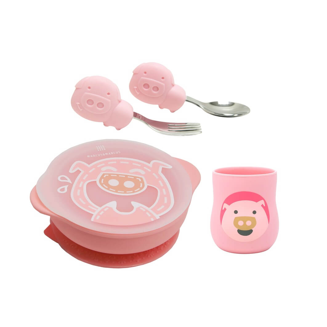 Kit Alimentação Copo Anatômico, Tigela e Talheres Porquinha - Marcus & Marcus