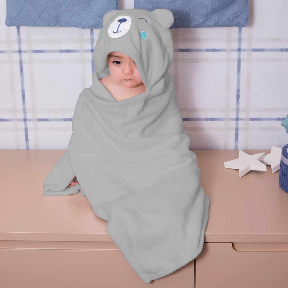 Toalha de Banho com Capuz Comfort Power Sec Urso Cinza - Laço Bebê