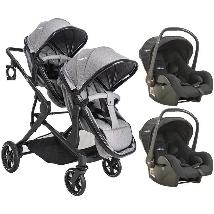 Carrinho de Bebê Para 2 Crianças + 2 Bebê Conforto Pair Melange Cinza - Kiddo