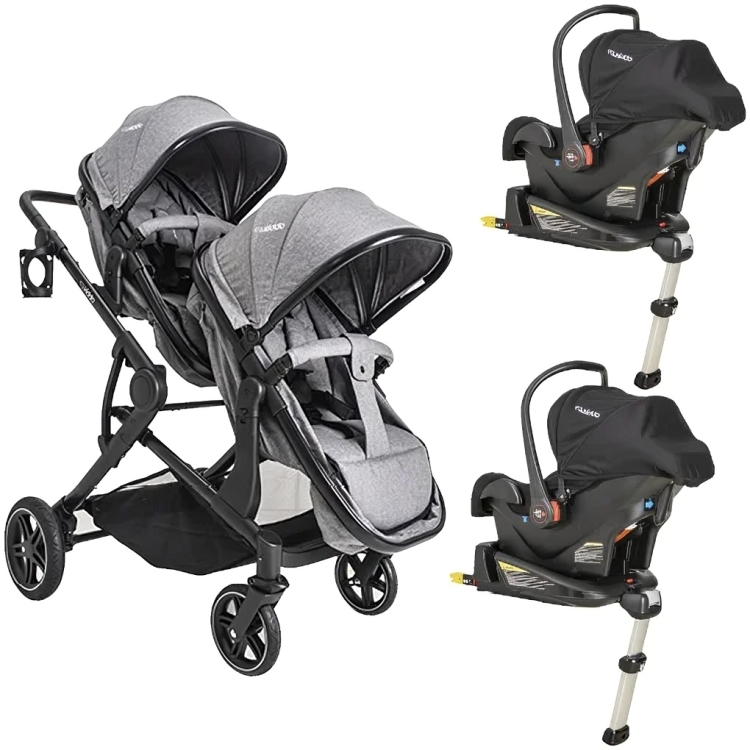 Carrinho Para Gêmeos + 2 Bebe Conforto + 2 Base Isofix Pair Melange Cinza - Kiddo