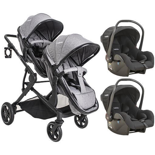 Carrinho Para Gêmeos + 2 Bebe Conforto + 2 Base Isofix Pair Melange Cinza - Kiddo