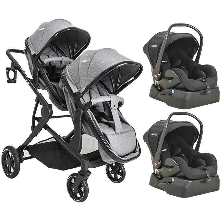 Carrinho Para Gêmeos + 2 Bebe Conforto + 2 Base Pair Melange Cinza - Kiddo