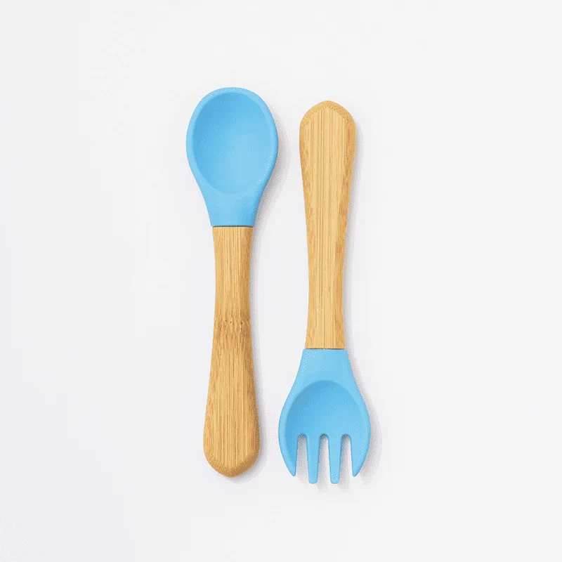 Kit de Talheres Infantil em Bambu e Silicone Azul – Petit Piá