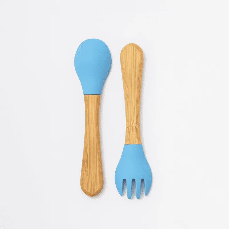Kit de Talheres Infantil em Bambu e Silicone Azul – Petit Piá