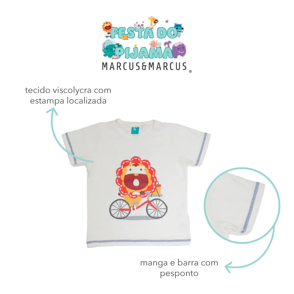 Pijama Infantil Manga Curta Branco/Azul Leão Marcus Marckids