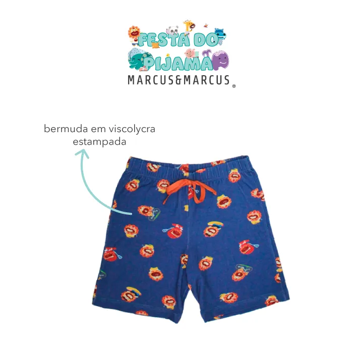Pijama Infantil Manga Curta Branco/Azul Leão Marcus Marckids