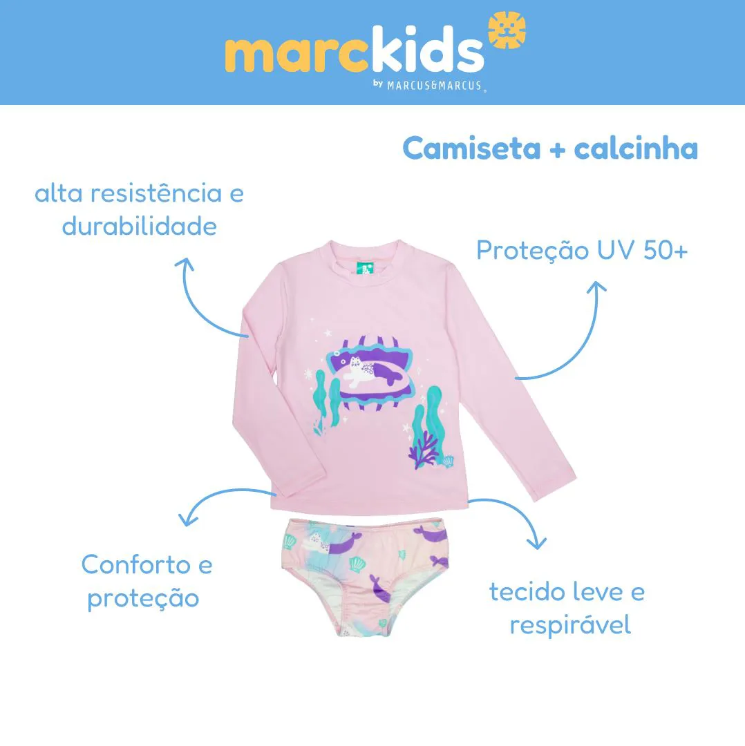Conjunto Camiseta UV + Calcinha Gatinha Sereia Rosa Marckids