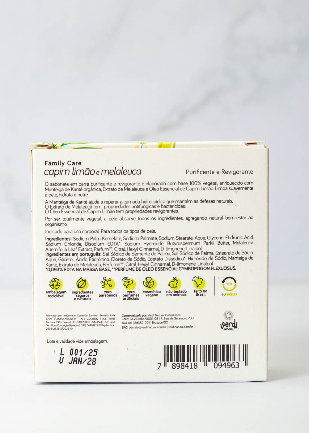 Sabonete em Barra Antisséptico e Revigorante de Melaleuca e Capim Limão - Verdi Natural