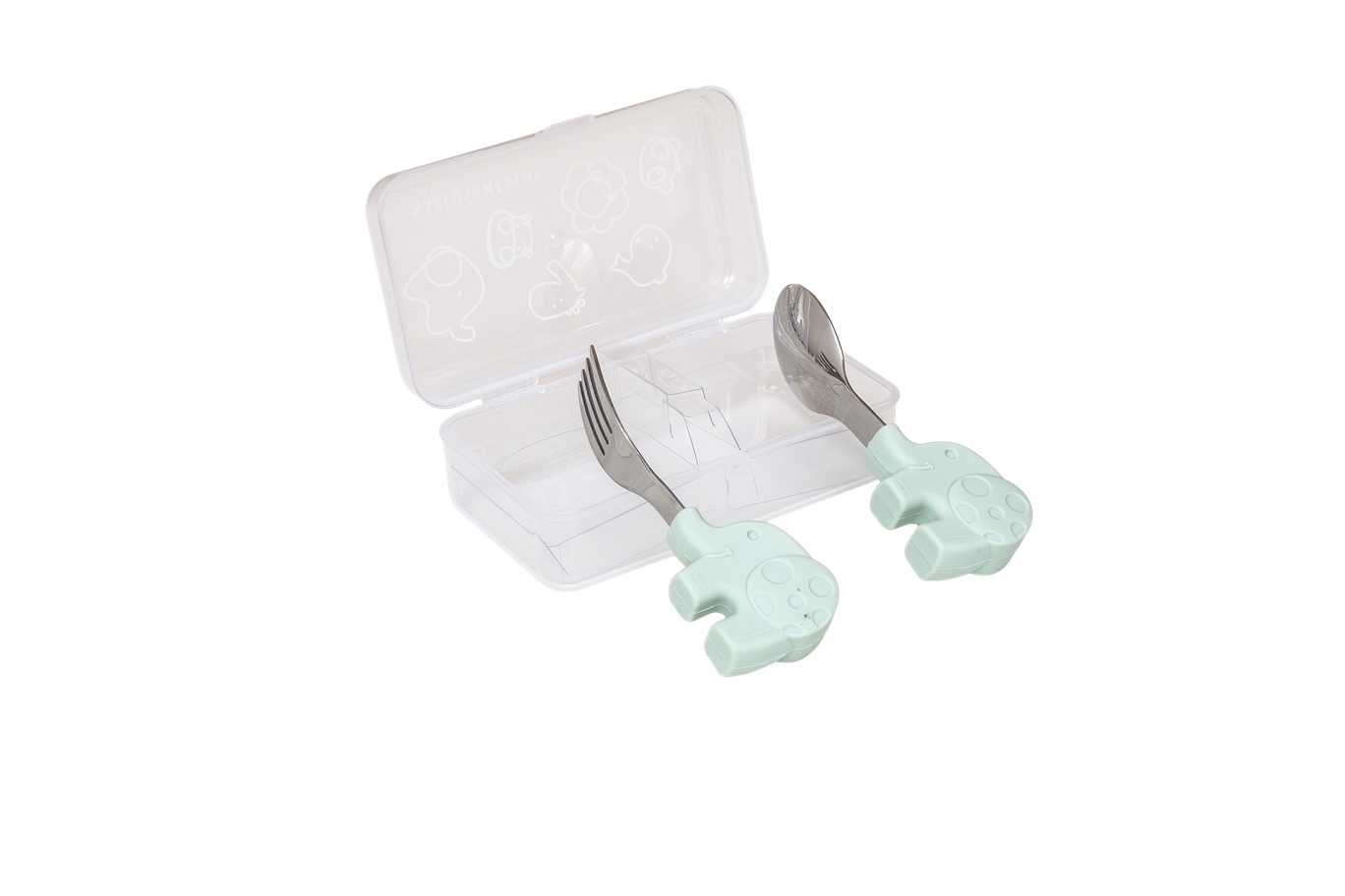Colher e Garfo Infantil Verde Menta com Case - Marcus & Marcus