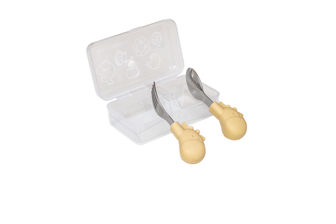 Colher e Garfo Infantil Amarelo Manteiga com Case - Marcus & Marcus