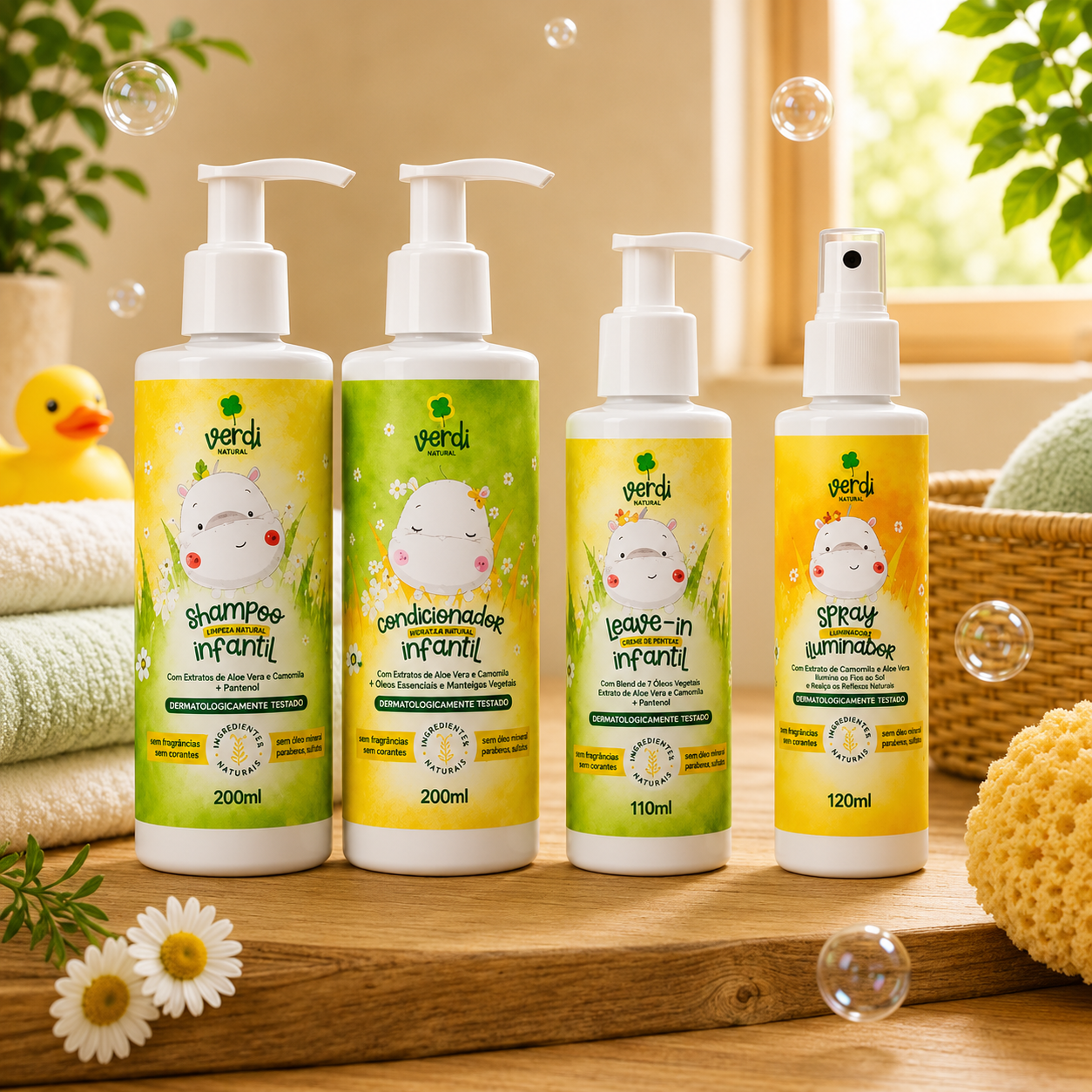 Kit Shampoo + Condicionador + Leave In + Spray Iluminador Infantil Aloe Vera e Camomila Verdi Natural