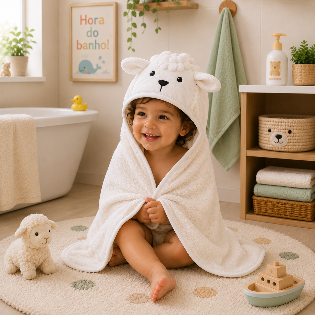 Toalha de Banho com Capuz Comfort Power Sec Ovelha Branco - Laço Bebê