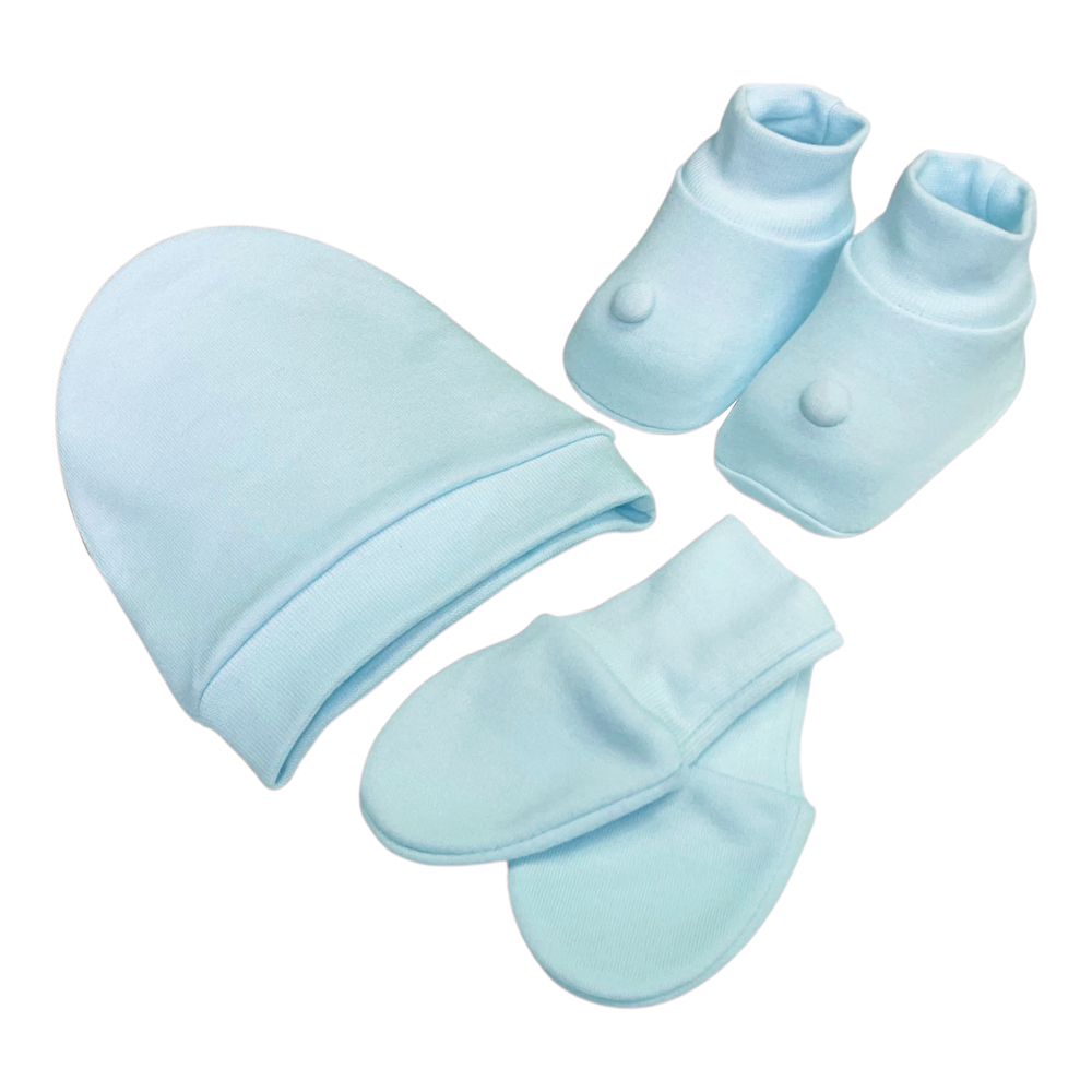 Kit Touca, Luva e Sapatinho RN Laço Bebê Bamboo Azul Bebê