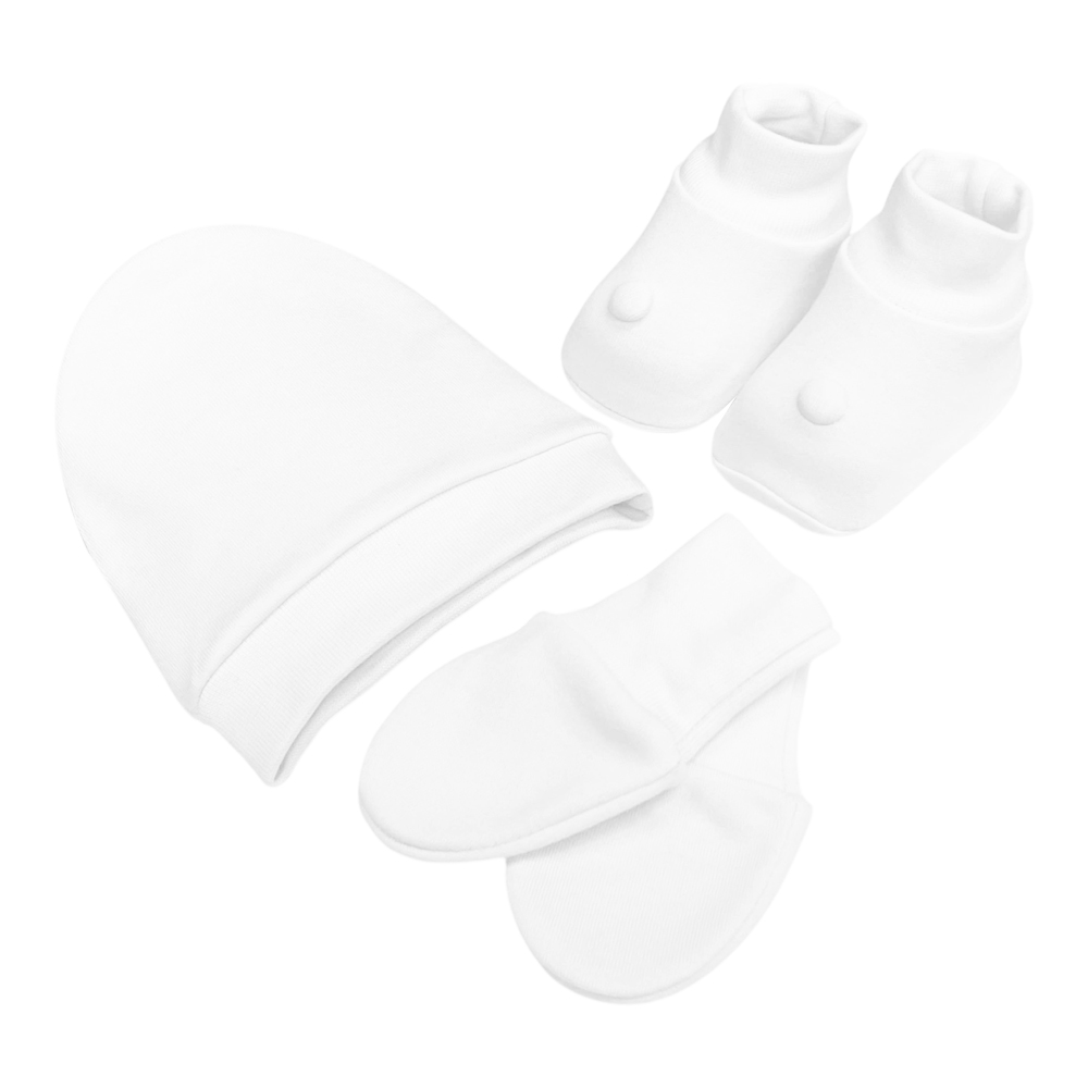 Kit Touca, Luva e Sapatinho RN Laço Bebê Bamboo - Branco