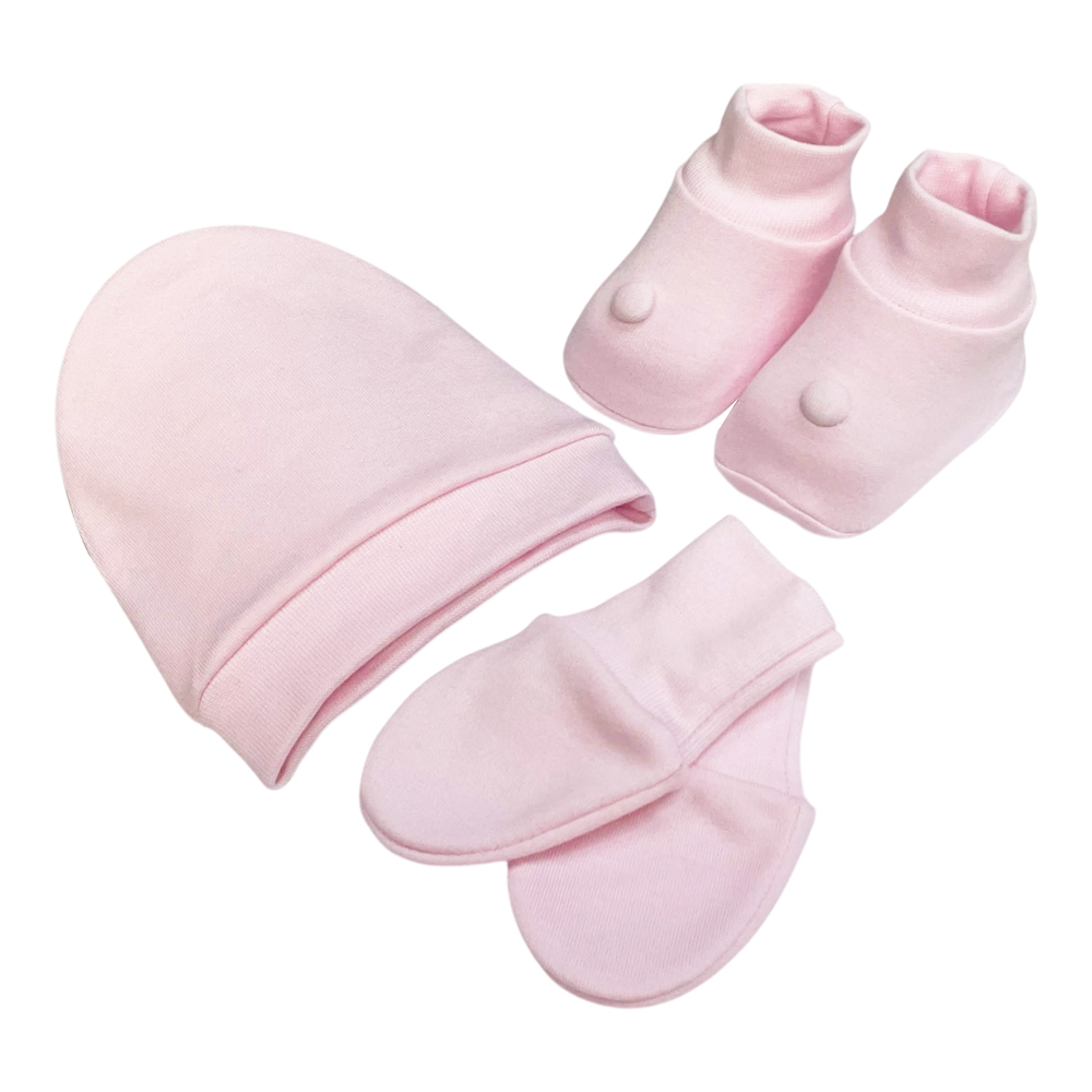 Kit Touca, Luva e Sapatinho RN Laço Bebê Bamboo - Rosa Bebê