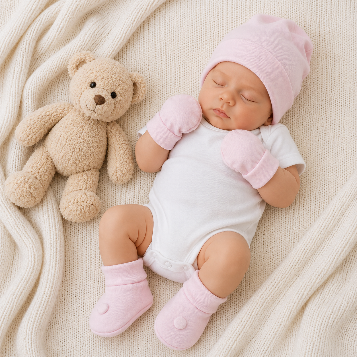 Kit Touca, Luva e Sapatinho RN Laço Bebê Bamboo - Rosa Bebê