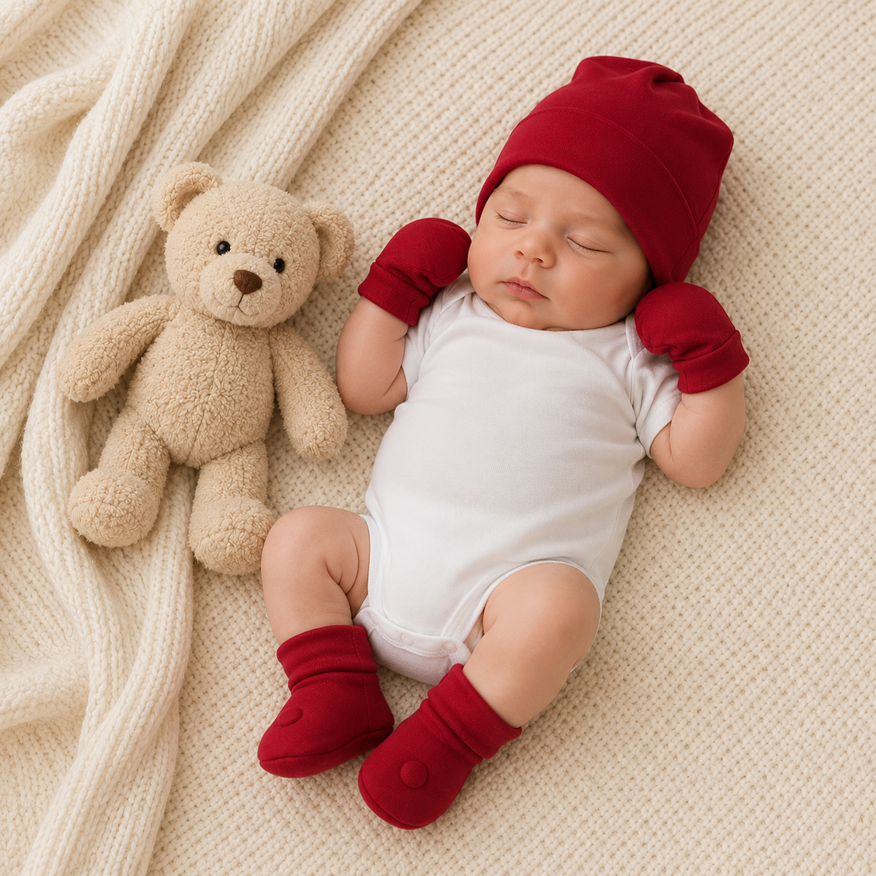 Kit Touca, Luva e Sapatinho RN Laço Bebê Bamboo - Vermelho