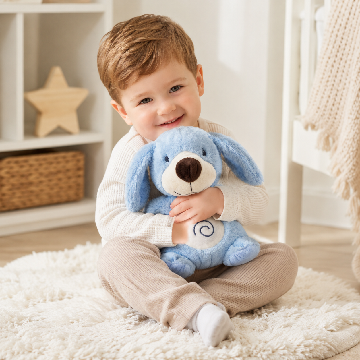 Minha Primeira Pelúcia Musical Laço Bebê com Luz e Respiração Cachorro Azul