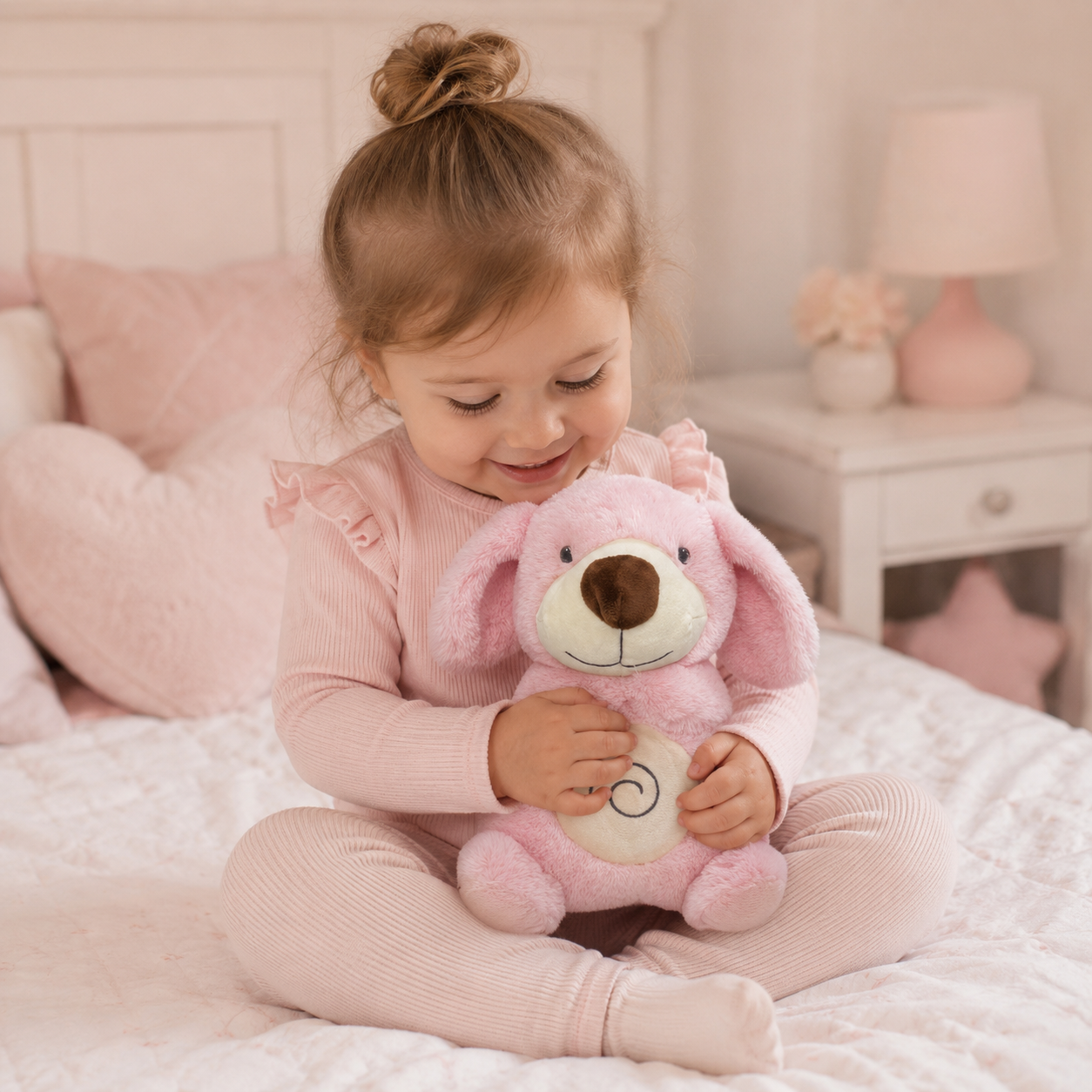 Minha Primeira Pelúcia Musical Laço Bebê com Luz e Respiração Cachorro Rosa