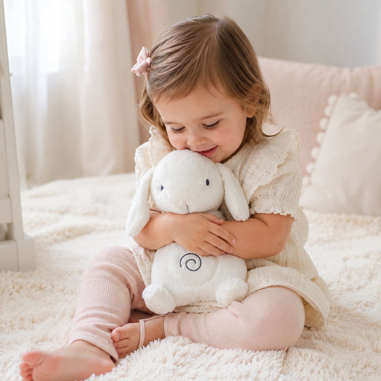 Minha Primeira Pelúcia Musical Laço Bebê com Luz e Respiração Coelho Branco