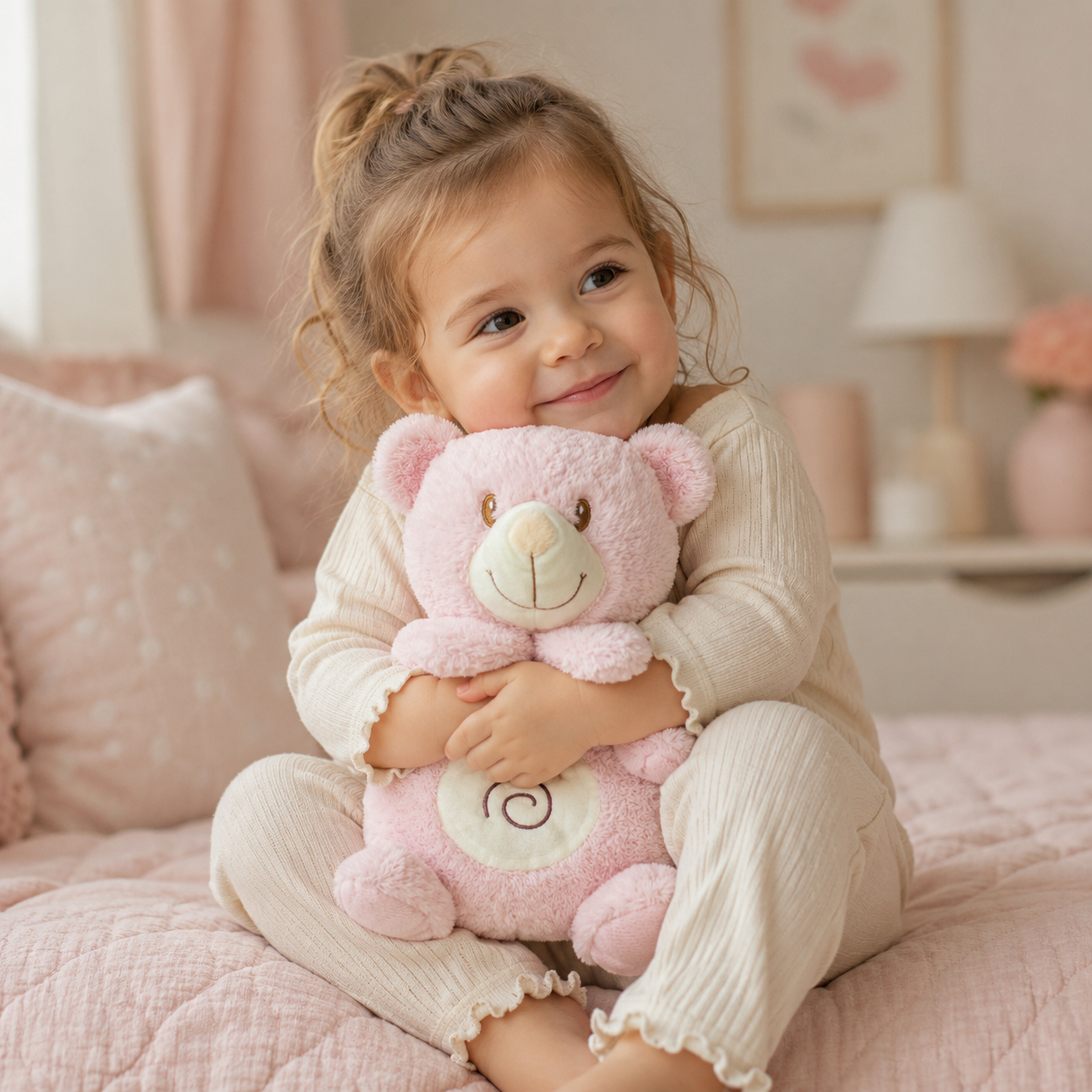 Minha Primeira Pelúcia Musical Laço Bebê com Luz e Respiração Urso Rosa