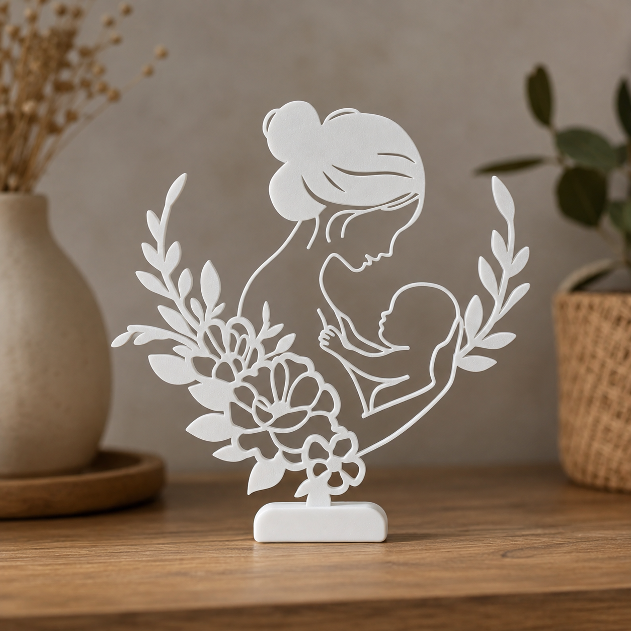 Escultura Decorativa Mãe e Bebê com Flores Criandê