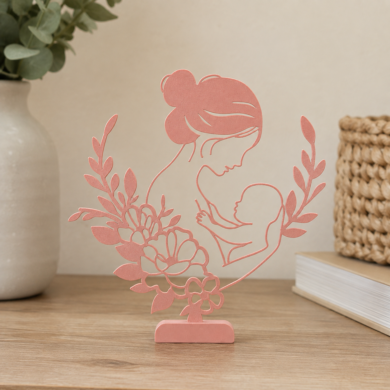 Escultura Decorativa Mãe e Bebê com Flores Criandê